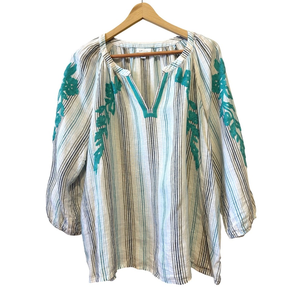 J. Jill Tunic Top Sz XL Petite Teal Floral Embroidered Linen Boho Peasant Beach